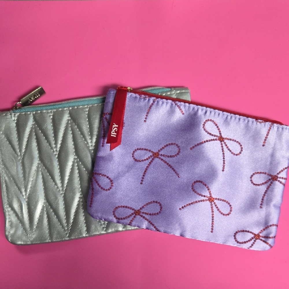 Ipsy Quilted Silver And Bow-Patterned Purple And … - image 1